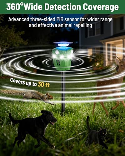 360° Solar Deer Repellent Device for Yard & Garden – No Blind Spot Motion Sensor to Keep Deer, Raccoons & Cats Away, Waterproof Ultrasonic & Flashing Light Outdoor Animal Repellent