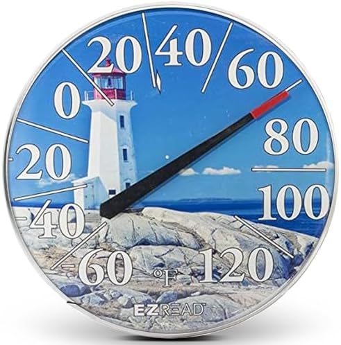 EZREAD Hanging Dial Thermometer 840-1215 Weather Thermometers for Indoor and Outdoor Use, Large 12.5 Inch Diameter, Easy to Read Numbers, Lighthouse
