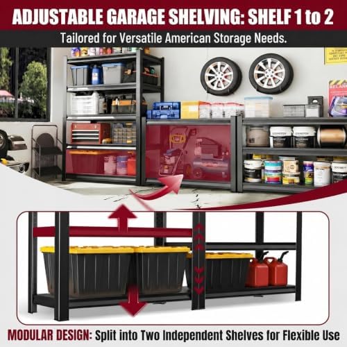 Garage Shelving, 3000 LBS Heavy Duty Metal Storage Shelves with Anti-Fall Rails, 5-Tier Adjustable Wooden Storage Rack for Garage, Warehouse, Basement, 27.6" Wx 11.8" Dx 63.0" H