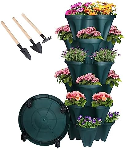 GameXcel Vertical Planter Tower - 6 Tier Stackable Garden Planters with Wheels and Tools Plant Pots for Strawberry Herb Flower and Vegetable Indoor Outdoor Use Green