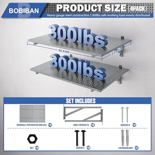 4 Pack Garage Wall Shelving Heavy Duty 2x3ft, Gray