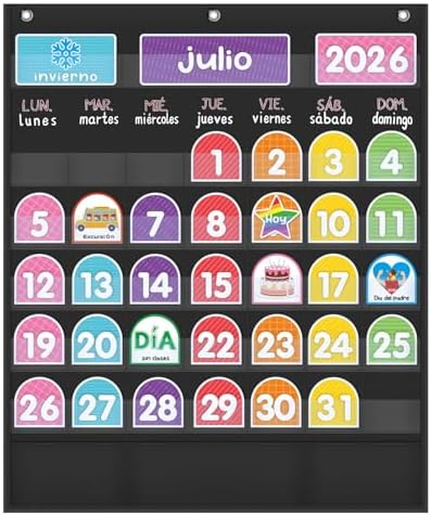 Mewise 20" x 24"Monthly Calendar Pocket Chart Classroom,Monthly Calendar Pocket Chart with Cards for Classroom/Teacher Must Haves Supplies/Classrooms Decor(Spanish Black)