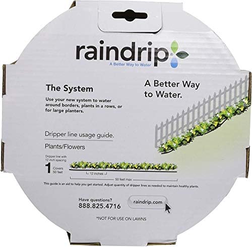 Raindrip R280DT Drip-A-Long1/4 in. Dripline Kit includes 50 feet of 1/4-Inch Dripline preassembled with 1/2 GPH drippers, 5 Barbed Tees, 5 Barbed Elbows, 5 Barbed Couplings, 5 End Plugs