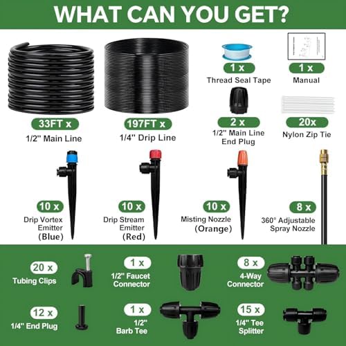 230FT Drip Irrigation System for Garden with 38pcs Adjustable Copper Nozzles & Emitters, Automatic Garden Watering System with 1/2" & 1/4" Tubing for Raised Bed, Yard, Greenhouse, Potted Plants, Lawn