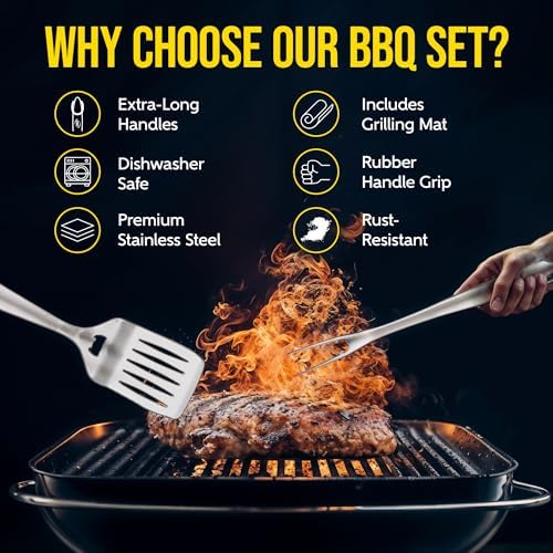 Kaluns BBQ Grilling Accessories, Grilling Gifts for Men Dad, Grill Tools for Outdoor Grill, Heavy Duty Stainless Steel Grill Set with Spatula, Tongs, Fork, Brush, & Grilling Mat, Best BBQ Gifts