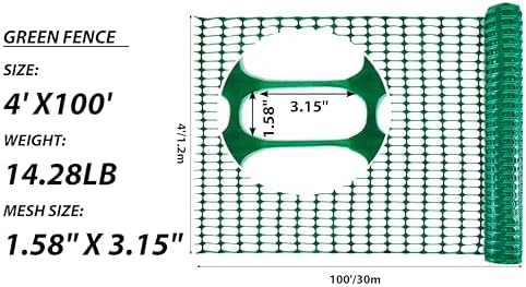 PotatoLife 4'x100' Plastic Mesh Fence Extra Strength with Zip Ties, Green