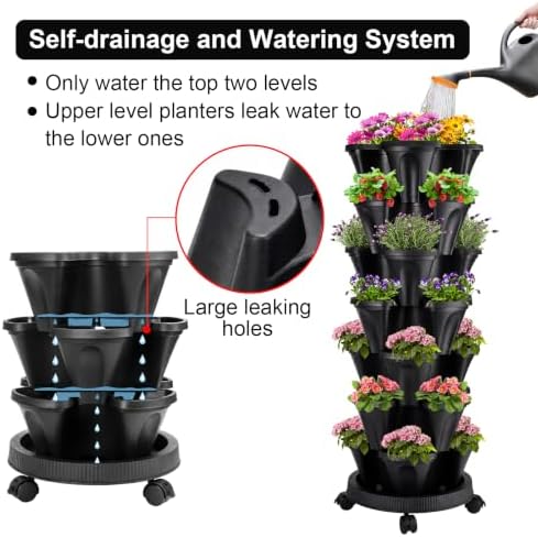 GameXcel Vertical Planter Tower - 7 Tier Stackable Garden Planters with Wheels and Garden Tool Set Plant Pots for Strawberry Herb Flower and Vegetable Indoor Outdoor Use Black