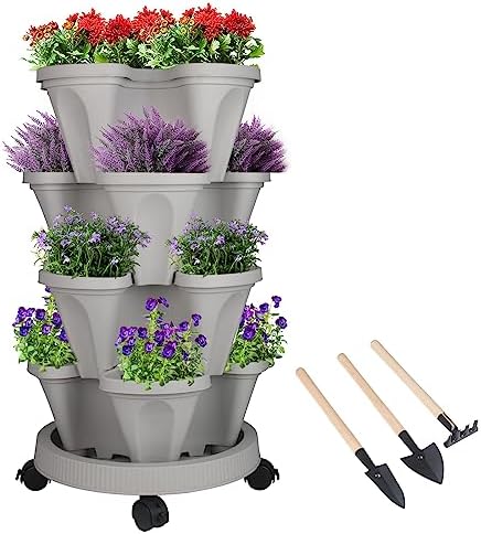 GameXcel Vertical Planter Tower - 4 Tier Stackable Garden Planters with Wheels and Tools Plant Pots for Strawberry Herb Flower and Vegetable Indoor Outdoor Use Gray