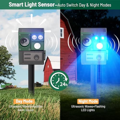 2-Pack Solar Animal Repeller Outdoor, Motion Activated Yard Guard Ultrasonic Deer Repellent Devices for Rabbits, Raccoons & Squirrels, Flashing Light & IP44 Waterproof Garden Animal Control