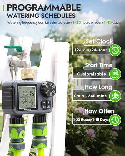 Insoma 2-Zone Sprinkler Timer with Brass Inlet, Water Hose Timer with Auto/Manual Modes + Rain Delay, Big LCD Display, for Garden, Yard Lawn, IPX5 Waterproof & Save Water