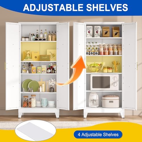 71" Metal Kitchen Pantry Storage Cabinet with 2 Doors and 4 Adjustable Shelves,White Farmhouse Pantry Cabinet,Steel Garage Tool Cabinet Freestanding Cupboard for Kitchen,Dinning Living Room