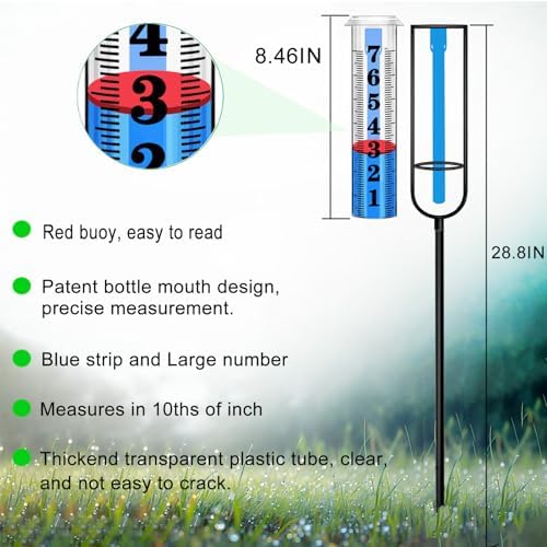 Rain Gauge Outdoor, Rain Gauges Outdoors Best Rated, Accurate Rain Measure Gauge for Garden, Thickened Tube Rain Meter with Stake, Adjustable Height & Large Font Water Gauge for Rain, Easy to Read