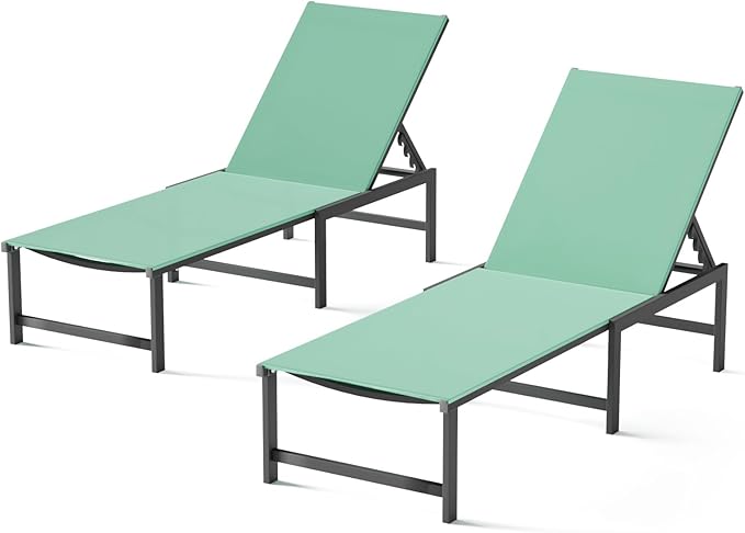 Chaise Lounge Chair Outdoor,Aluminum Patio Lounge Chairs Set of 2,Pool Lounge Chairs with 5 Adjustable Backrest and Headrest Pillows for Outside Beach，Green