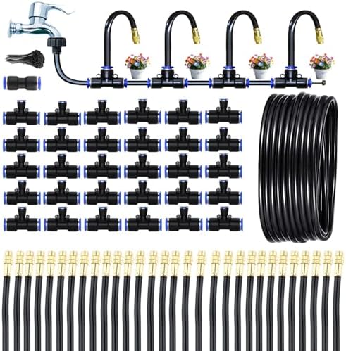 98Ft Greenhouse Drip Irrigation Kit Automatic Irrigation System 360°Adjustable 30 Brass Spray Nozzles 1/2'' Irrigation Tubing Hose Patio Misting Plant Watering with Blank Distribution Tubing Hose