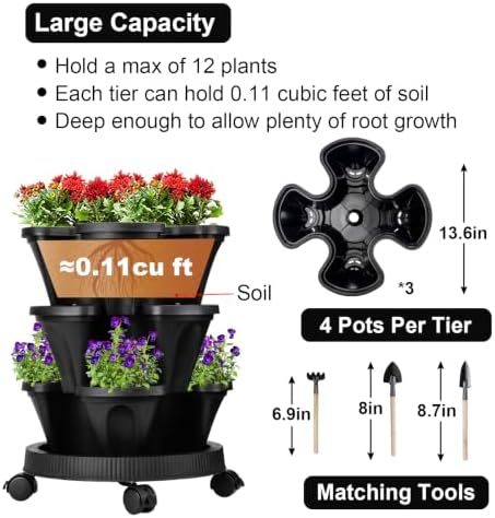 GameXcel Vertical Planter Tower - 3 Tier Stackable Garden Planters with Wheels and Garden Tool Set Plant Pots for Strawberry Herb Flower and Vegetable Indoor Outdoor Use Black