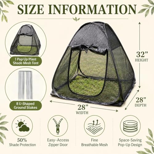 1PC Pop up Plant Shade Tent（28 x 28 x 32 in-50% Shade Mesh Plant Cover with 8 U-Shaped Stakes for Outdoor Plants, Pop up Gardening Net Cover with Zipper Door, Guard Cover for Potted Plants