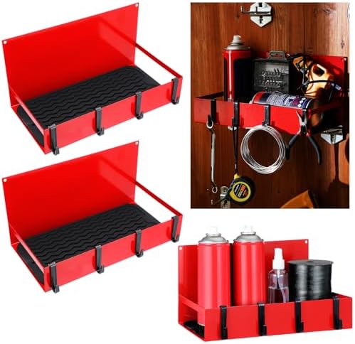 Lineshading 3 Pack Magnetic Garage Organizer with Hook, Fridge Shelf, Red