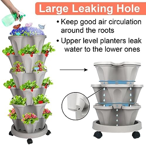 GameXcel Vertical Planter Tower - 6 Tier Stackable Garden Planters with Wheels and Garden Tool Set Plant Pots for Strawberry Herb Flower and Vegetable Indoor Outdoor Use Gray