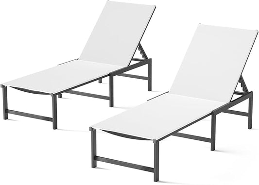 Chaise Lounge Chair Outdoor,Aluminum Patio Lounge Chairs Set of 2,Pool Lounge Chairs with 5 Adjustable Backrest and Headrest Pillows for Outside Beach，White