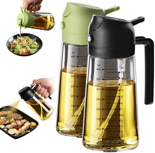 TrendPlain 16oz/470ml Glass Olive Oil Sprayer for Cooking – 2 in 1 Olive Oil Dispenser Bottle for Kitchen Gadgets and Air Fryer Accessories, Salad, BBQ - Black & Green