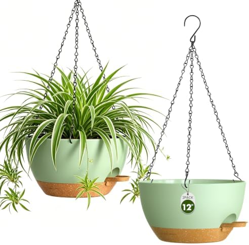 12 Inch Large Self Watering Hanging Planters 2 Pack with Saucers