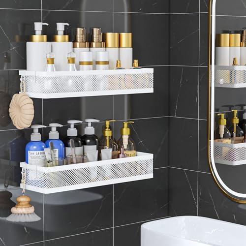 PUSDON 5-in-1 16.5" Extra Long Slim Wall Mount Wrapped Mesh Kitchen Organizer & Shower Caddy Kit, with Paper Towel Holder, Utensil Holder, Soap Dish, Holds 50LBS - White, Netting