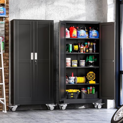 71-Inch Metal Garage Storage Cabinet with Wheels, Locking Doors and Shelves