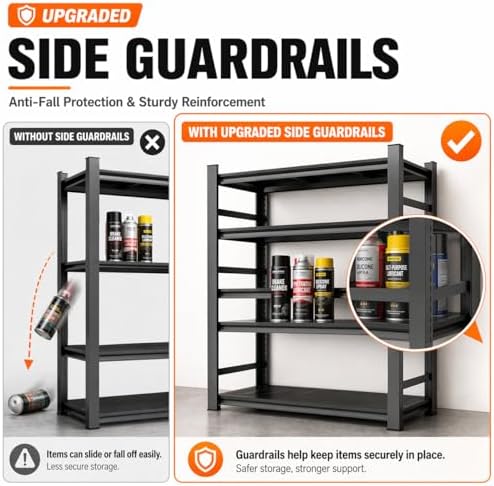 Garage Shelving, Heavy Duty Storage Shelves with Anti-Fall Rails