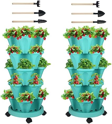 GameXcel Vertical Planter Tower - 5 Tier Stackable Garden Planters with Wheels and Tools Plant Pots for Strawberry Herb Flower and Vegetable Indoor Outdoor Use Teal 2 Pack
