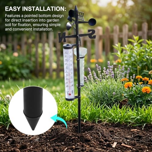 3 in 1 Outdoor Weather Station Garden Thermometer Rain Wind Indicator with Fahrenheit Celsius Display Stake for Yard Courtyard.
