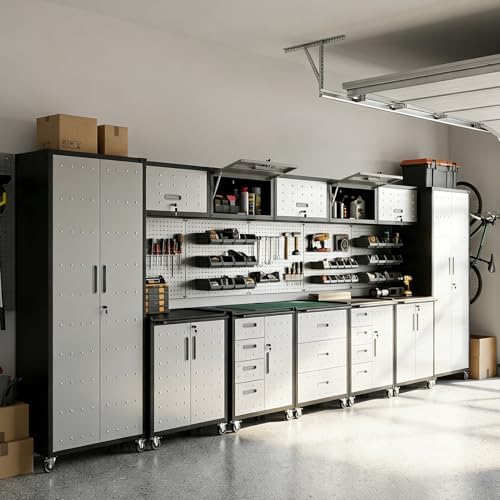 12-Piece Heavy Duty Steel Garage Cabinet System | All-in-One Modular Garage Cabinet Set for Ultimate Workshop Organization | Easy Assembly Garage Storage Cabinets & Tool Bench
