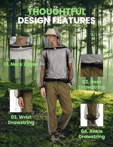 HENNCHEE Mosquito Suits for Adult, Mesh Net Bug Hooded Jacket Pant, Outdoor Full Body Protection Mosquito Proof Clothing