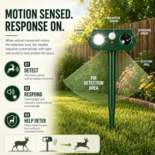2026 Solar Ultrasonic Motion Activated Animal Repellent Sonic Fortress Pro Deer Repellent for Plants, Waterproof Racoon Repellent Ultrasonic Squirrel Repeller Outdoor with Light for Cat Rabbit(2Pack)