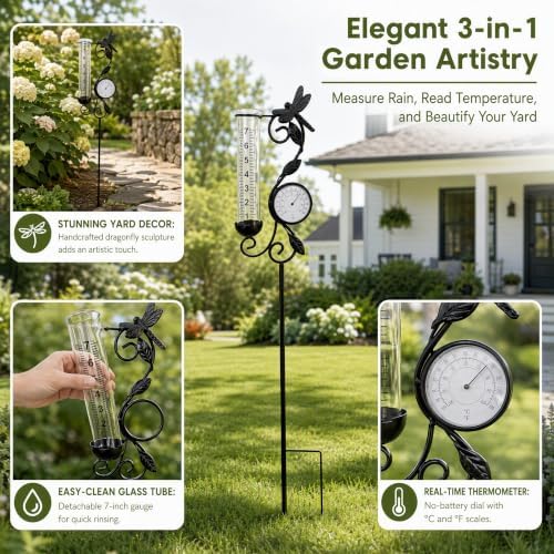 Rain Gauge Outdoor with Thermometer, Dragonfly Metal Garden Stake