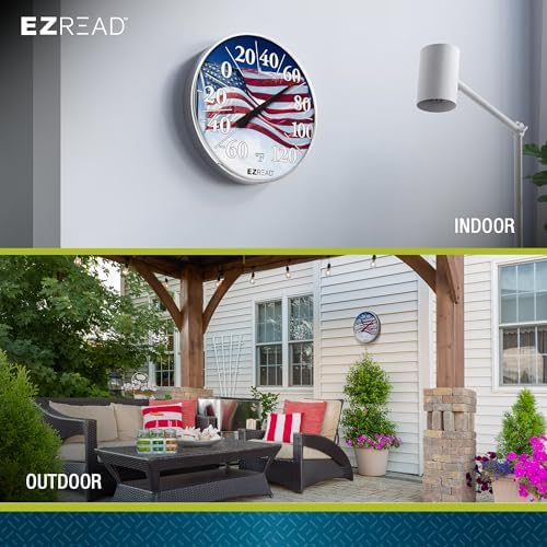 EZREAD Hanging Dial Thermometer 840-1221 Weather Thermometers for Indoor and Outdoor Use, Large 12.5 Inch Diameter, Easy to Read Numbers, American Flag