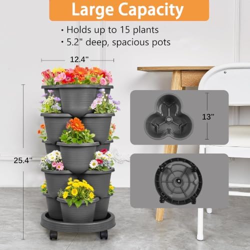 VECELO 5 Tier Vertical Garden Planter, Self Watering Stackable Planters with Wheels for Strawberries, Herbs, Flowers, Vegetables, Dark Gray