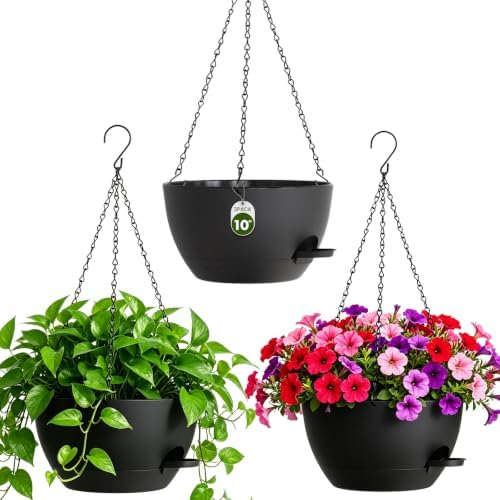 10 Inch Self-Watering Hanging Planters Set of 3 with Saucers