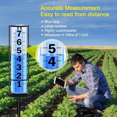 Rain Gauge Outdoor Upgraded, Accurate Freeze Proof Thickened Rain Gauges Outdoors Best Rated, Large Clear Numbers and Adjustable Height Rain Measuring Tool for Garden, Yard, Lawn, Patio, and Farm Use