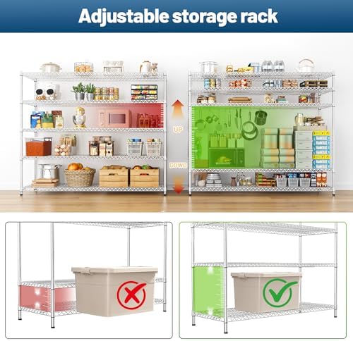 REIBII 55.5" W Storage Shelves 3200LBS Metal Shelving 5 Tier Wire Shelving Garage Shelving Heavy Duty Metal Shelves for Shelving Unit Commercial Adjustable Shelf, 55.5" W X 18''D X 71" H，Chrome,2P