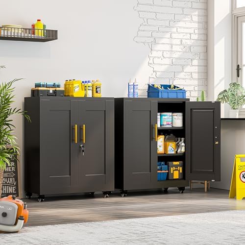 Small Metal Storage Cabinet with Wheels, Lockable Tool Cabinet with Doors
