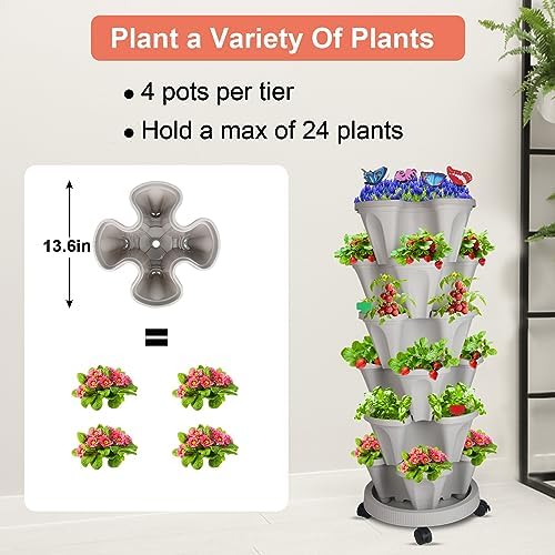 GameXcel Vertical Planter Tower - 6 Tier Stackable Garden Planters with Wheels and Garden Tool Set Plant Pots for Strawberry Herb Flower and Vegetable Indoor Outdoor Use Gray