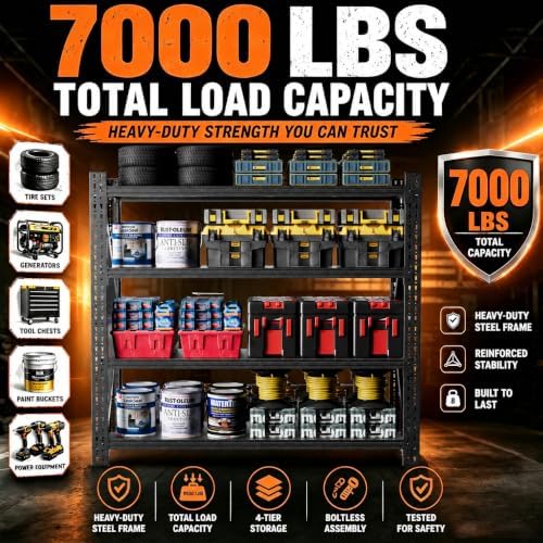 7000LBS Garage Shelving, 79" W Heavy Duty Metal Adjustable 4 Tier Storage for Warehouse, Basement, Shop and Office, Commercial-Grade Industrial Shelving, 79" W x 24" D x 75" H