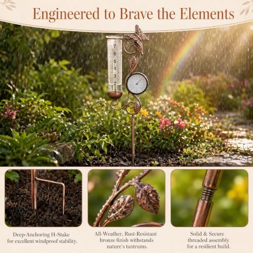 Rain Gauge Outdoor with Thermometer, Butterfly Metal Garden Stake