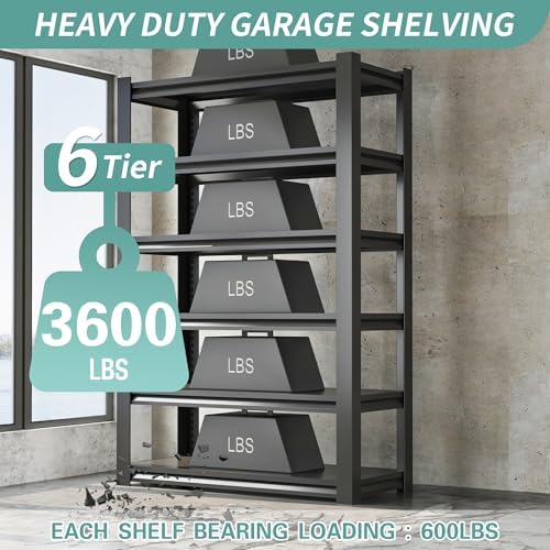 82" H Garage Shelving, 6 Tier Adjustable Heavy Duty Storage Shelves, 2500Lbs Capacity, Powder Coated Metal, Industrial Style, Suitable for Garage, Basement, Workshop