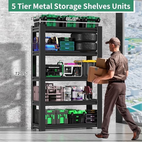 72" H Garage Shelving, Garage Shelves Heavy Duty, 5 Tier Adjustable Storage Shelves for Warehouse, Basement, Workshop, Kitchen, Require Assembly, 16''D*35.5''W*72''H, Black