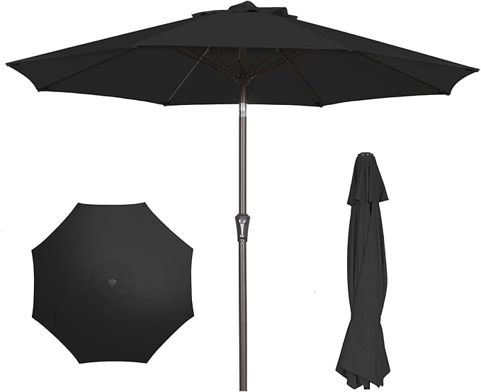 PatioKingdom 9FT Patio Outdoor Umbrella-UPF 50+ Sun Shade with Wind Vent, Push-Button Tilt & Smooth Crank Lift, Rust-Resistant Fiberglass Frame for Garden, Backyard,Yard (Black, 9FT)