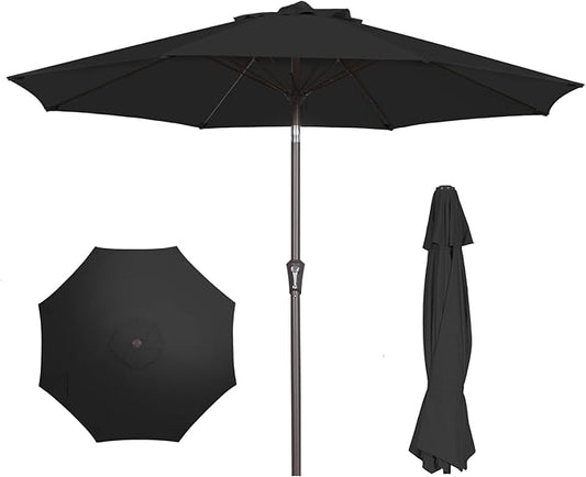 PatioKingdom 9FT Patio Outdoor Umbrella-UPF 50+ Sun Shade with Wind Vent, Push-Button Tilt & Smooth Crank Lift, Rust-Resistant Fiberglass Frame for Garden, Backyard,Yard (Black, 9FT)