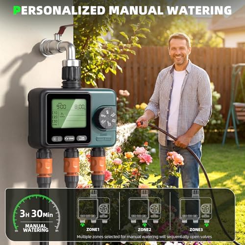 3 Zone Sprinkler Timer,3 Custom Watering Plans Hose Time, IP65 Waterproof, Rain Delay Manual & Automatic Watering with Large LCD for Yard Lawn Outdoor
