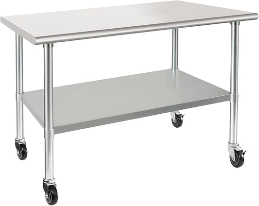 HARDURA Stainless Steel Table with Wheels 30 x 48 Inches Casters NSF Heavy Duty Commercial Work & Prep Table with Undershelf and Galvanized Legs for Restaurant Kitchen Bar and Hotel Garage