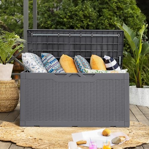 Flamaker Deck Box 98 Gallon Waterproof Resin Storage Box with Cushion